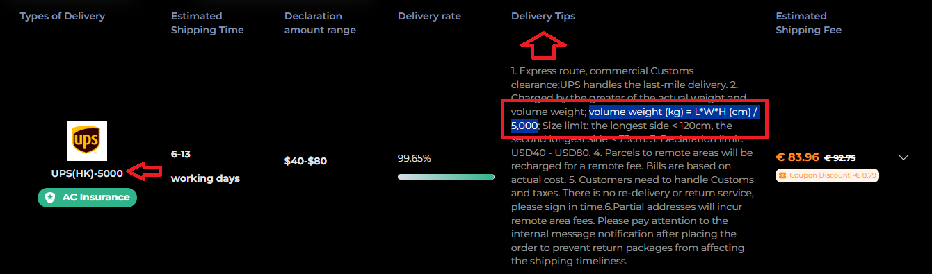Shipping calculator showing volumetric weight formula in route description