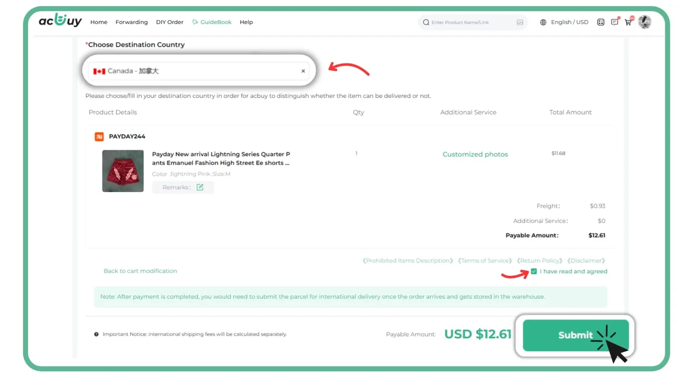 Order review and submit page