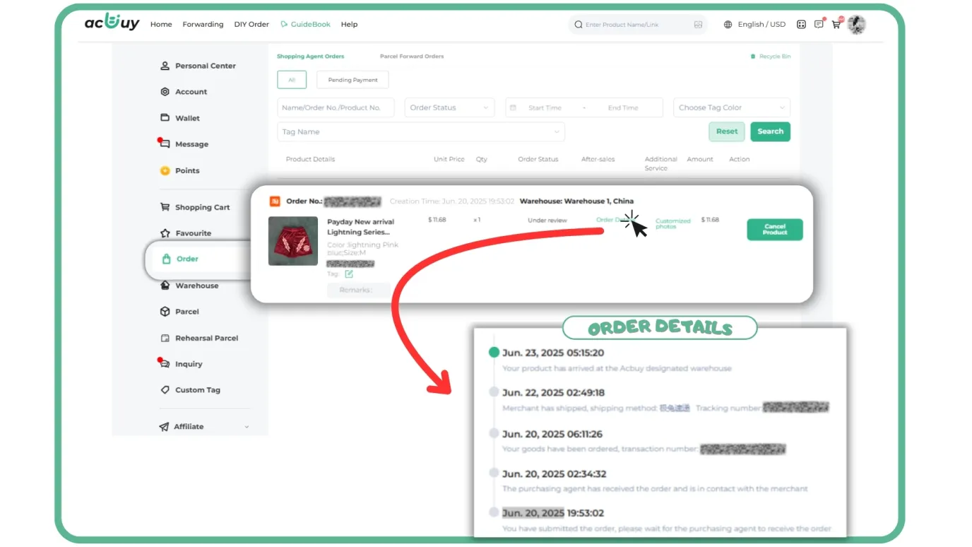 Order placed and detail timeline