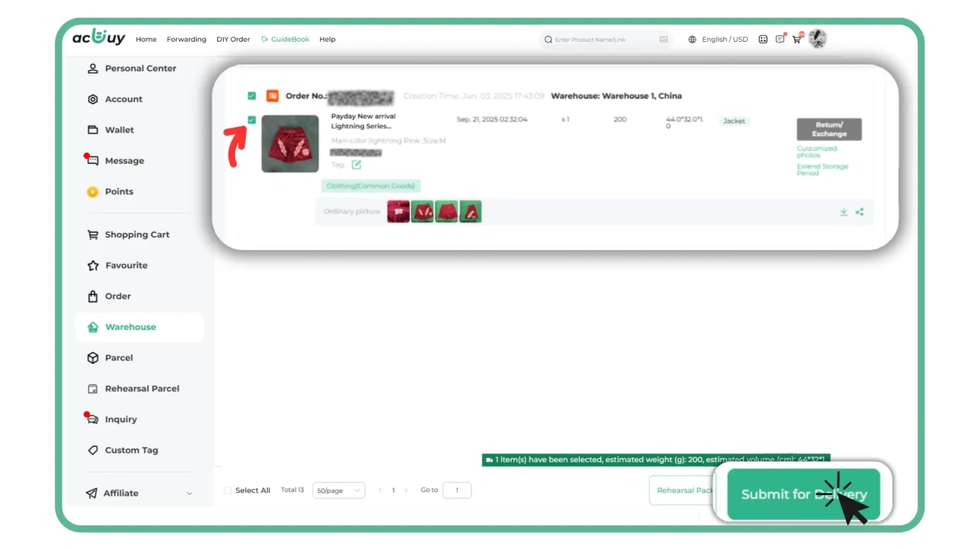 Warehouse section with Submit for Delivery