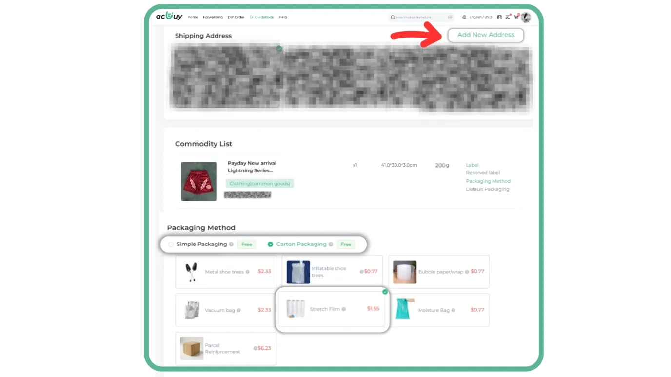 Packaging selection page