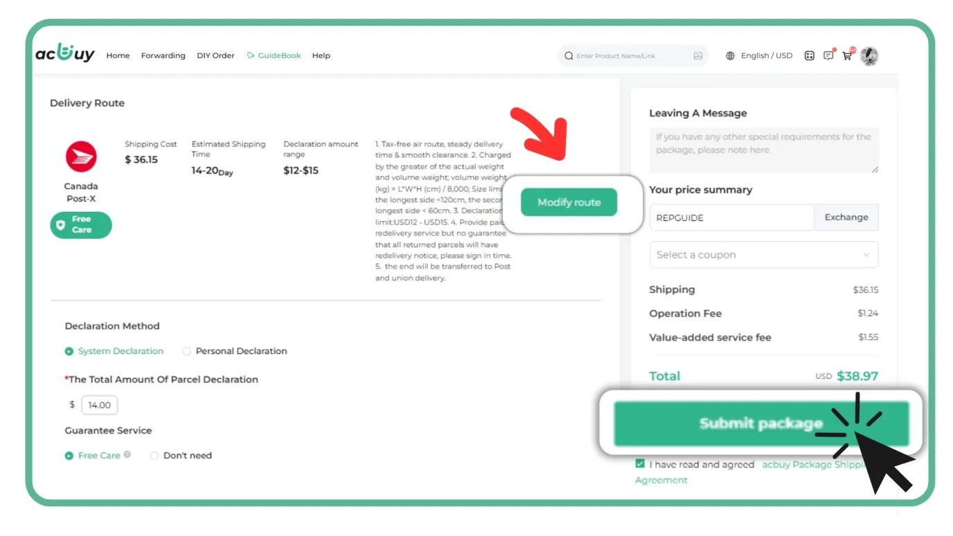 Delivery route and declaration page