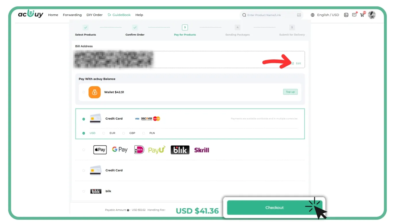 Shipping payment page