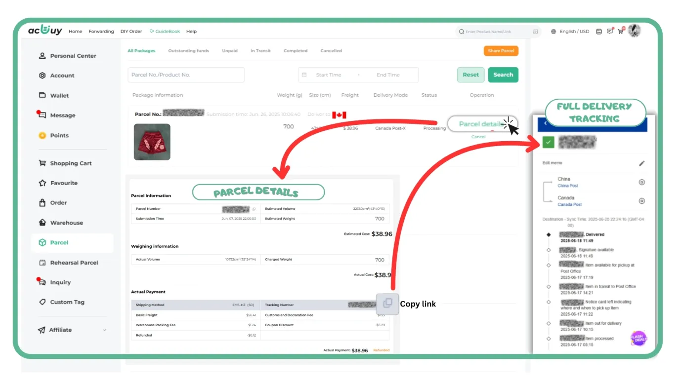 Parcel tracking page